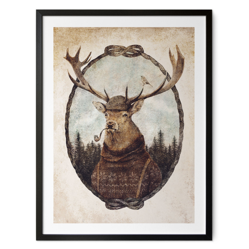 Poster vintage hert met pijp | dierenportret voor de woonkamer - Koubou
