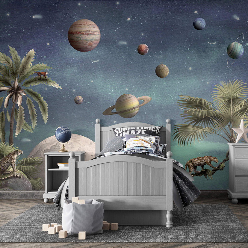 Fototapeta do pokoju dziecięcego Kikki Belle - Tropikalny świat fantasy z planetami i palmami