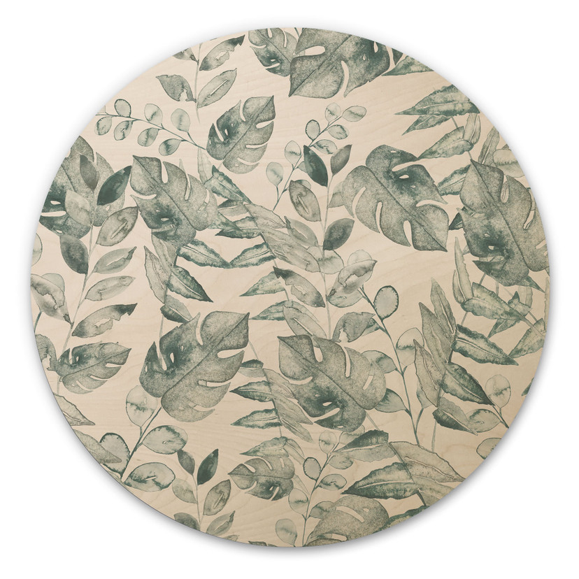 Tableau sur bois feuilles de jungle aquarelle crème - Bloomery Decor - Rond