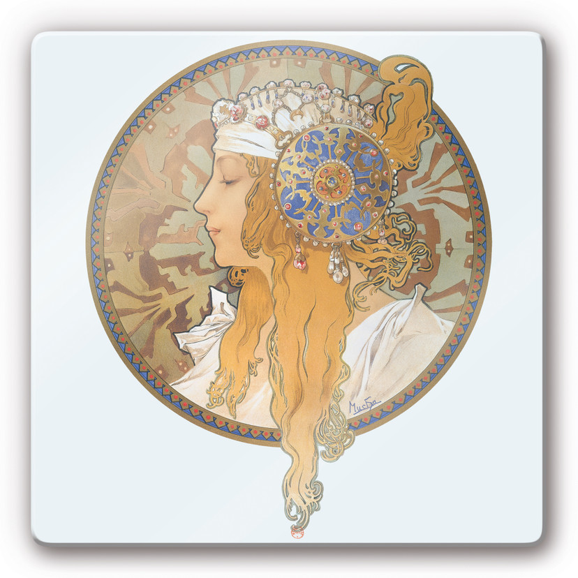 Tableau en verre - Mucha - Médaillon avec le portrait d'une femme blonde