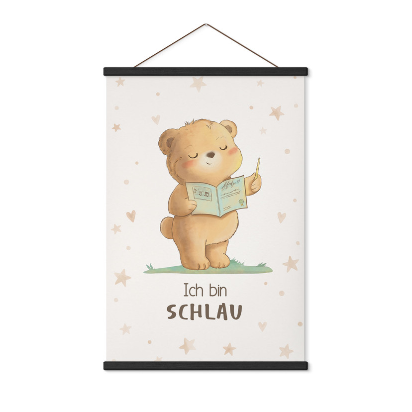 Stoffbild mit Bär und Buch - Selbstliebe-Spruch 'Ich bin schlau'