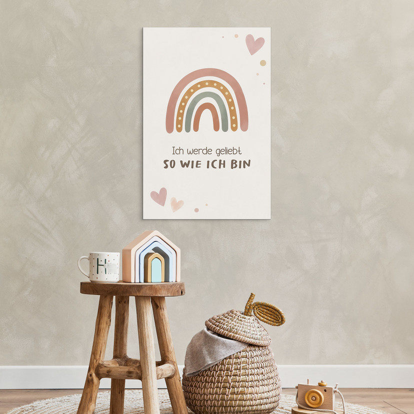 Alu-Dibond Wandbild mit Boho-Regenbogen - Kraftsatz 'Ich werde geliebt' für Kinder