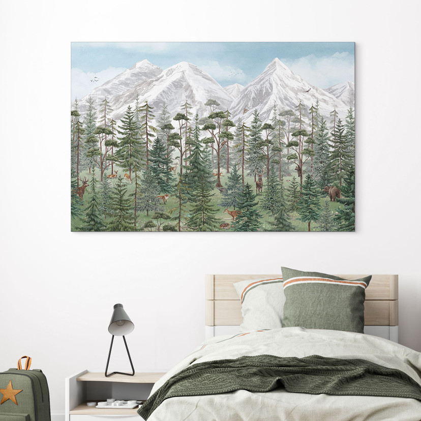 Skovens dyr i en grøn alpin skov - Kikki Belle – print på aluminium (Alu-Dibond)