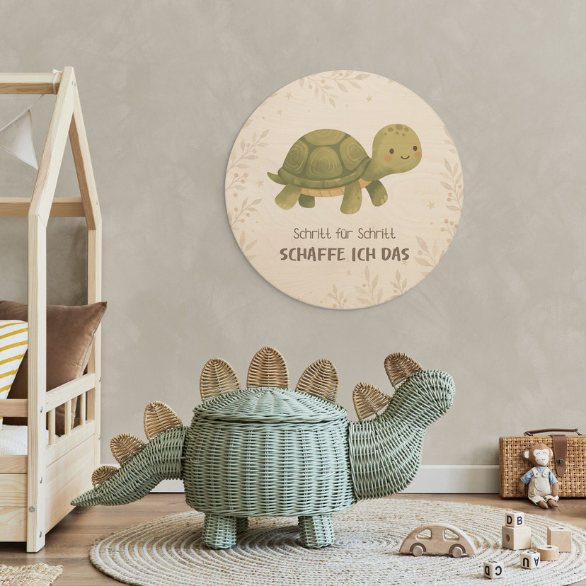 Rundes Holzbild mit Schildkröte - 'Schritt für Schritt schaffe ich das'