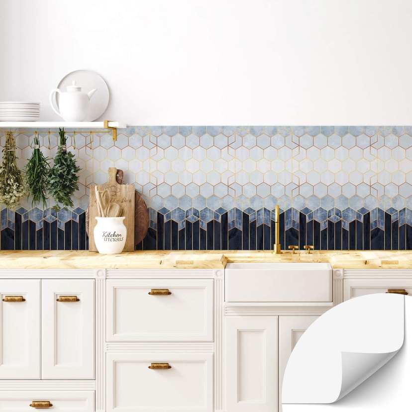 Revêtement pour cuisine autocollant Fredriksson - Hexagone : Bleu et blanc