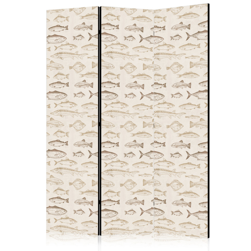 Paravent, Raumteiler freistehend, Trennwand - Fish in Beige Tones Presented in Vintage Style