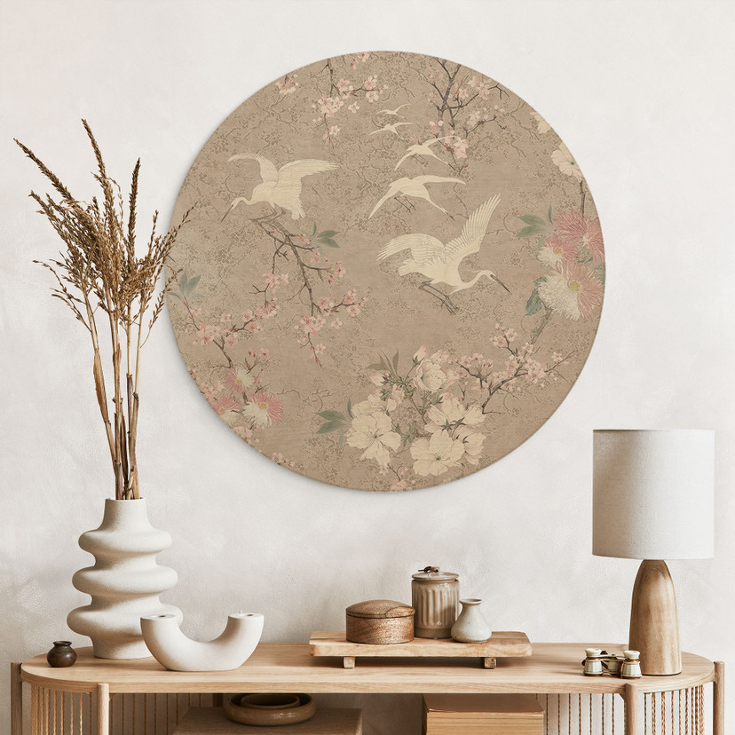 Obraz drewniany Żurawie w kolorze beżowym - Bloomery Decor - okrągły