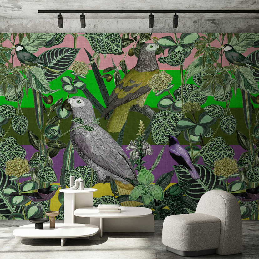 Papier peint perroquet dans les tons verts avec motif végétal - papier peint intissé