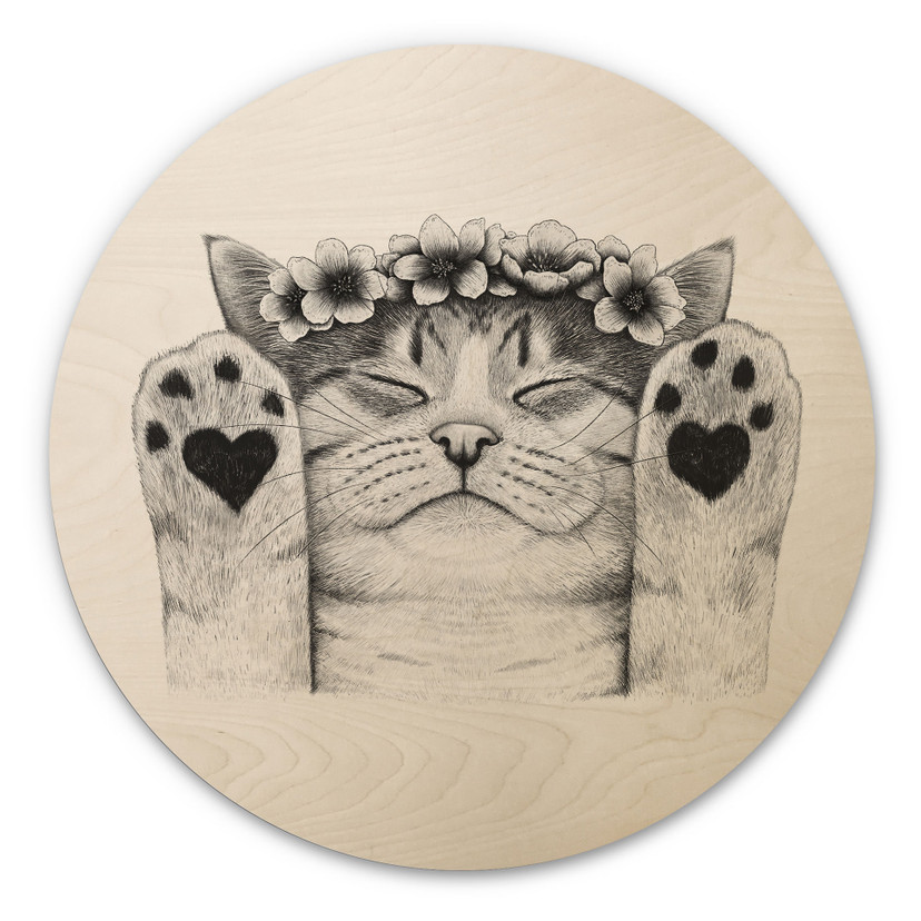 Houten Wanddecoratie Lieve kat met hartjespootjes - Korenkova - Rond