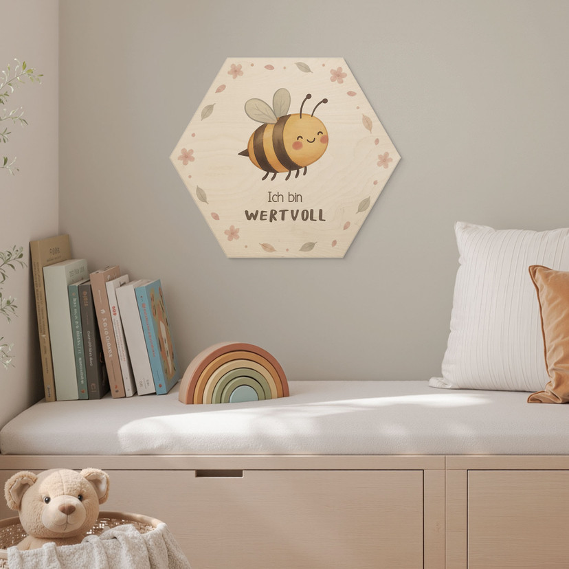 Holzbild Hexagon mit Biene - kindgerechte Bestärkung 'Ich bin wertvoll'