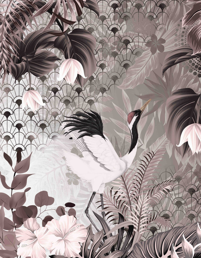 Papier peint photo motif Art déco grue en gris avec feuilles tropicales 3,4 x 2,65 m