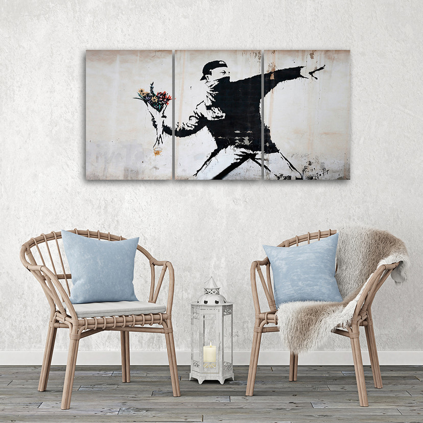 Impression sur toile en 3 parties, Banksy Graffiti Art Fleurs
