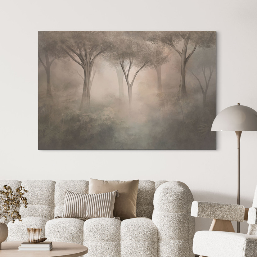 Wanddecoratie Bosmagie in de ochtendnevel Beige - Ms Tiff - Alu-Dibond