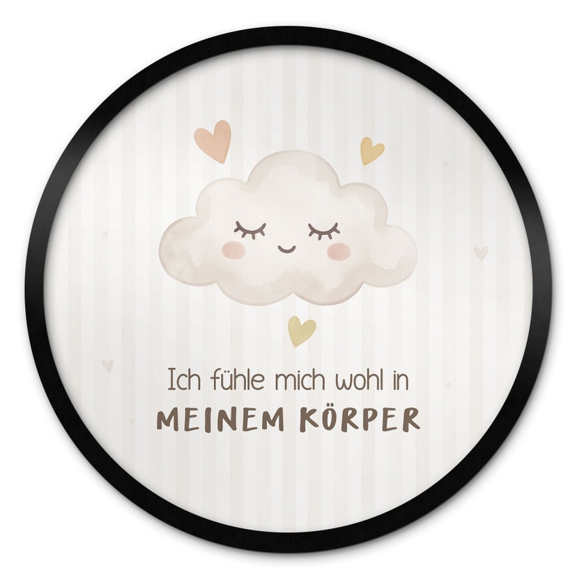 Rundes Affirmationsposter mit Wolke - 'Ich fühle mich wohl in meinem Körper' für das Kinderzimmer