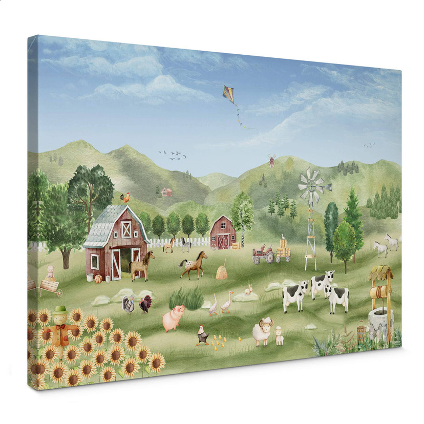 Tableau sur toile Oliver Robins - Ferme colorée avec animaux