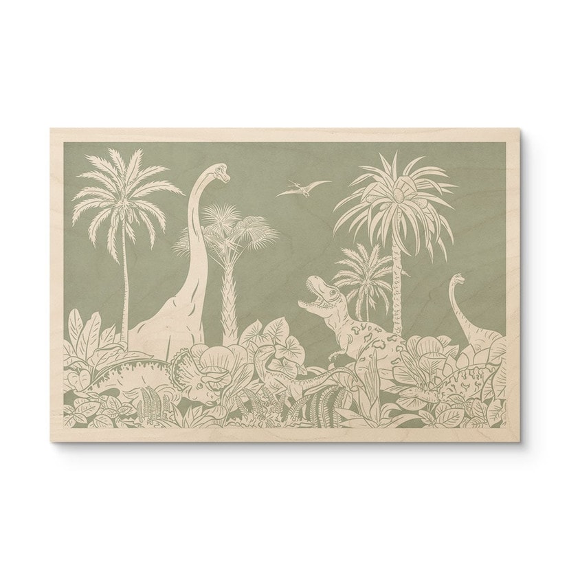 Plakat drewniany Zielone światy pierwotne - Dinozaury pod palmami - Kikki Belle