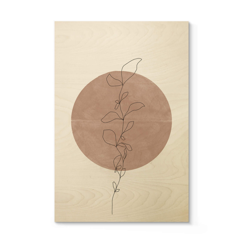 Plakat drewniany The Miuus Studio - Line Art - Roślina na tle księżyca w pełni