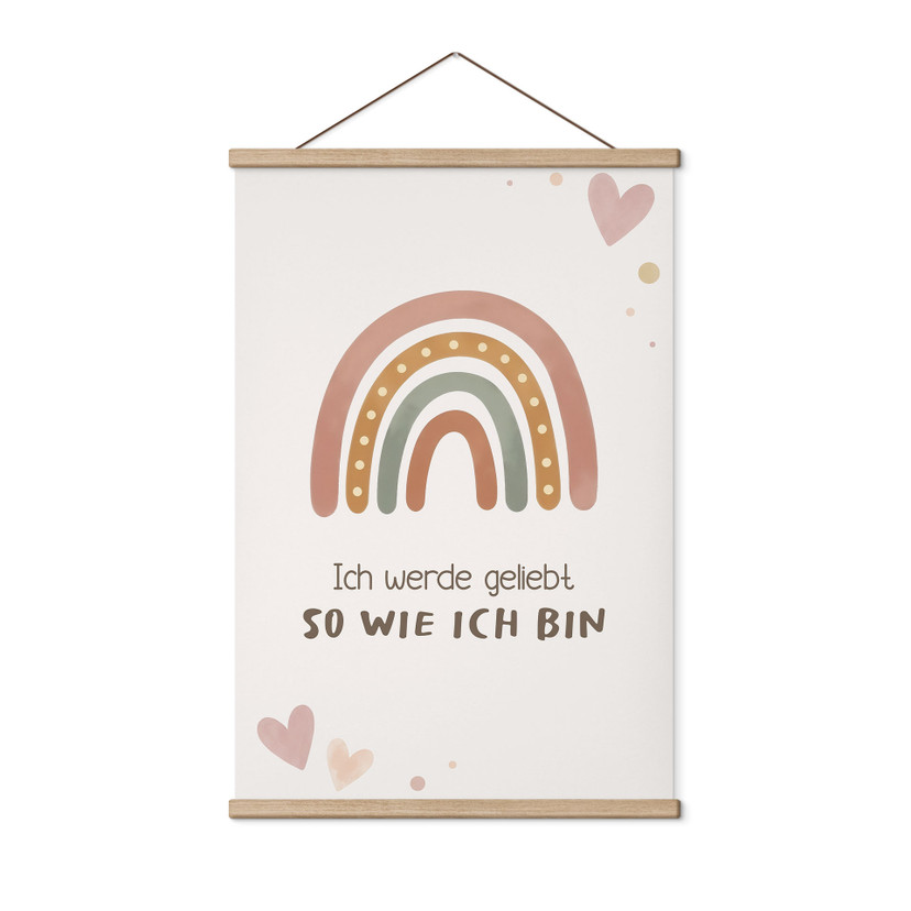 Stoffbild mit Boho-Regenbogen - Glaubenssatz 'Ich werde geliebt' für Kinder
