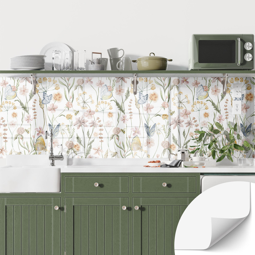 Salpicadero de cocina autoadhesivo Pradera de primavera con mariposas - UN Designs