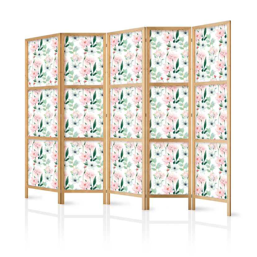 Japanischer Paravent, Raumteiler freistehend, Trennwand - Peonies on White Background