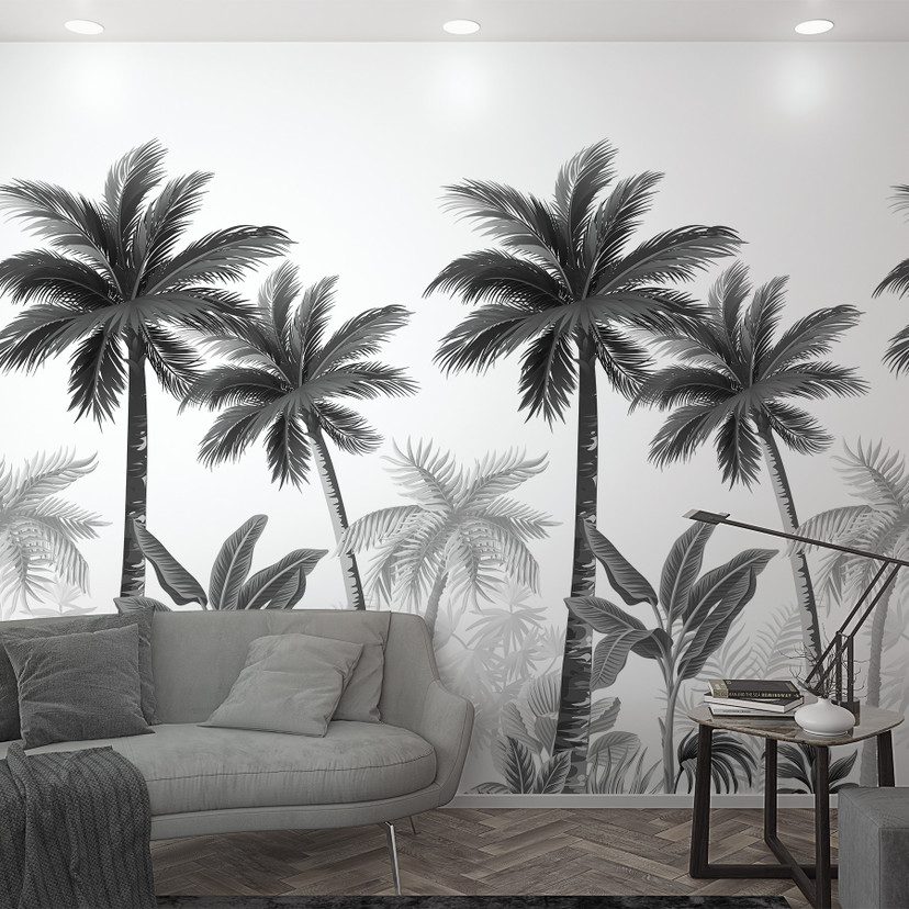 Fototapet med palmer sort, hvid, blomster 2,70 x 1,59 m