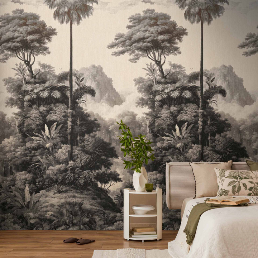 Papel pintado no tejido bosque con montañas crema negro mate extensible 1,59 x 2,80 m Papel pintado