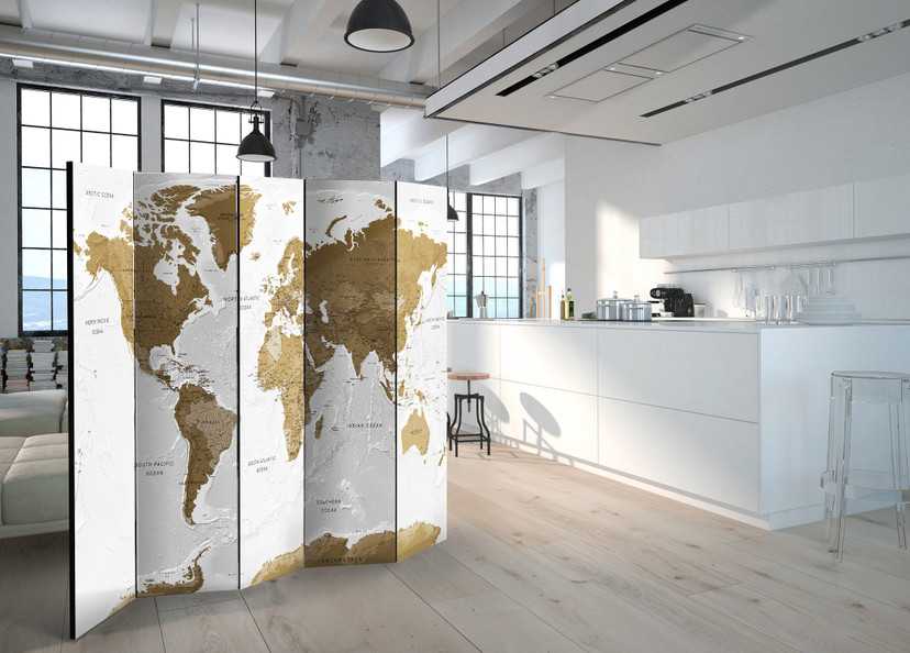 Screen room divider - Verdenskort - Hvide oceaner, 5-delt - 225x172 cm