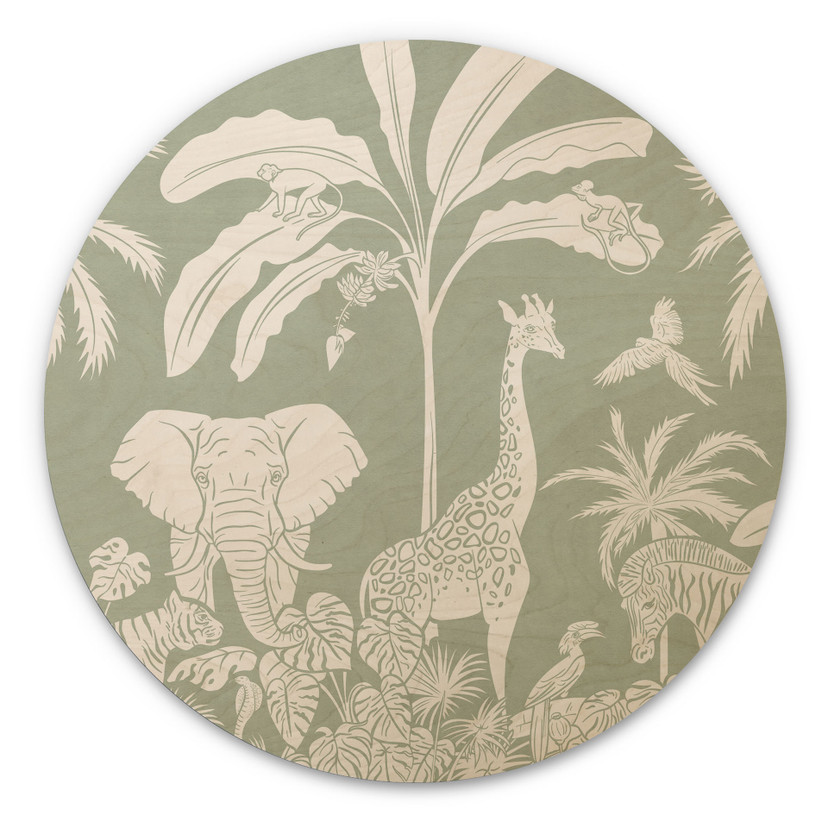 Houten Wanddecoratie jungle dieren in tropisch groen - Kikki Belle - Rond
