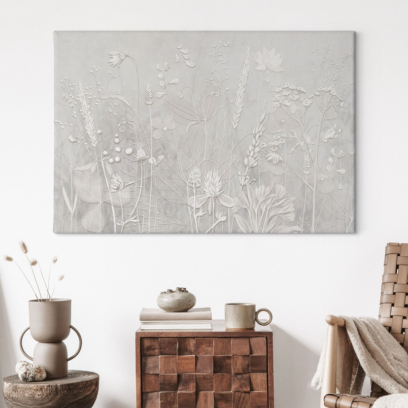 Canvas schilderij met bloemenreliëf - Planten in wit in modern design - Ms Tiff