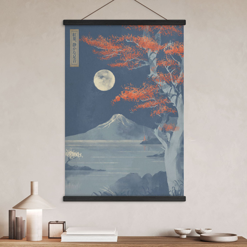 Stampe su tessuto luna piena sopra la cima del Fuji-san | Giappone paesaggio - Roze
