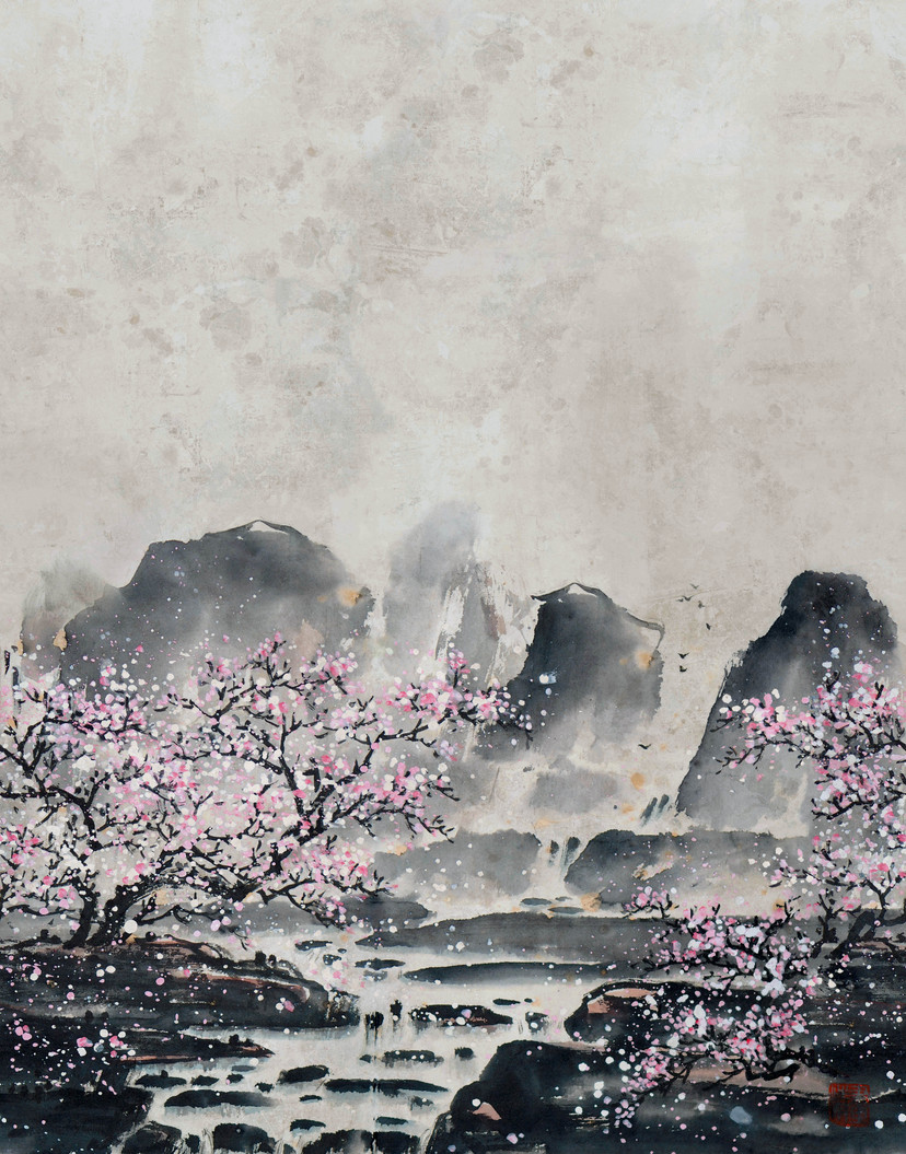 Papier peint photo Fleurs de cerisier dans la brume avec montagnes dans les tons gris et rose pâle 2