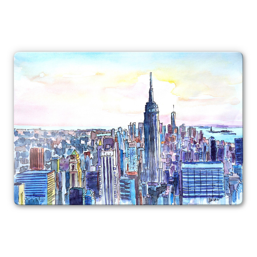 Glasschilderijen Bleichner - Manhattan Skyline - Aquarel