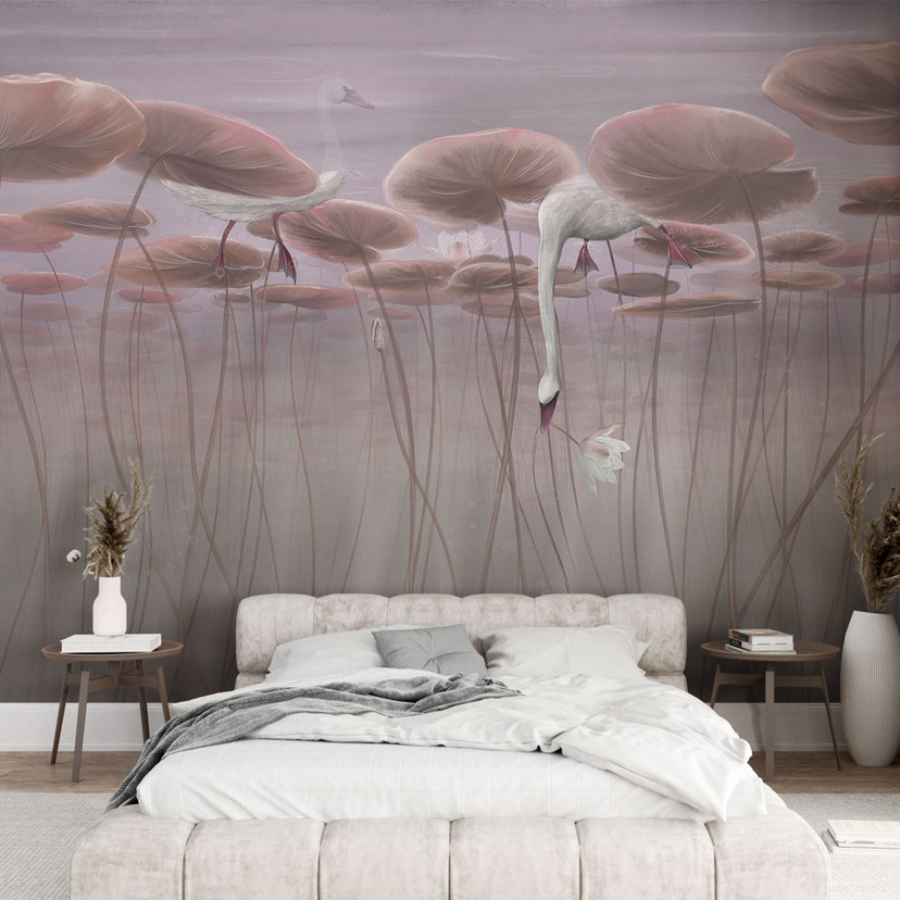 Natuur Fotobehang lotusbloemen met zwaan in het water in donkerroze - Ms Tiff