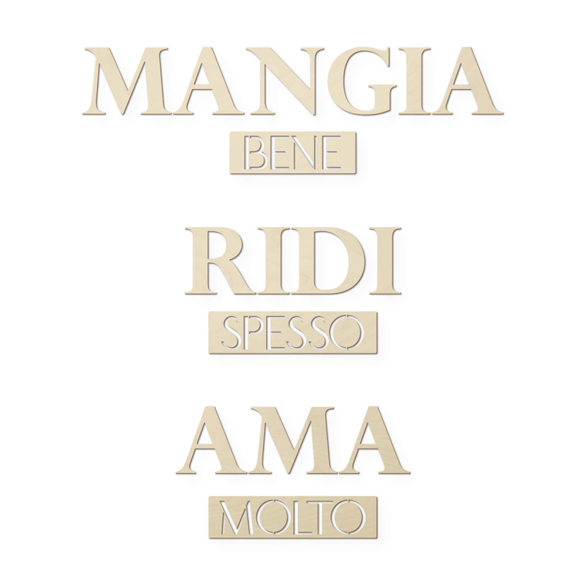Décoration murale en bois placage de peuplier - Mangia bene, Ridi spesso, Ama mo