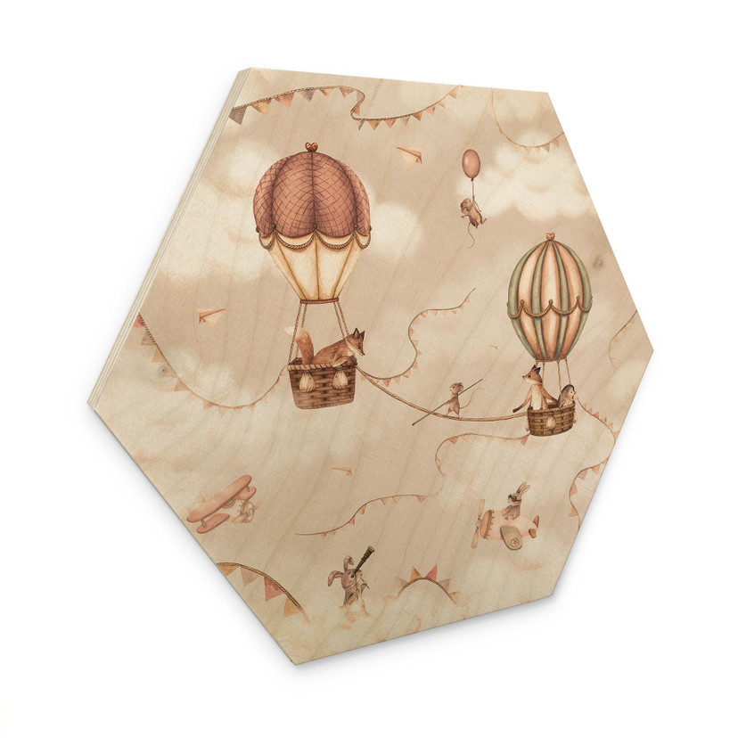 Hexagon Houten Wanddecoratie Dierlijk Avontuur met Luchtballon - Oliver Robins
