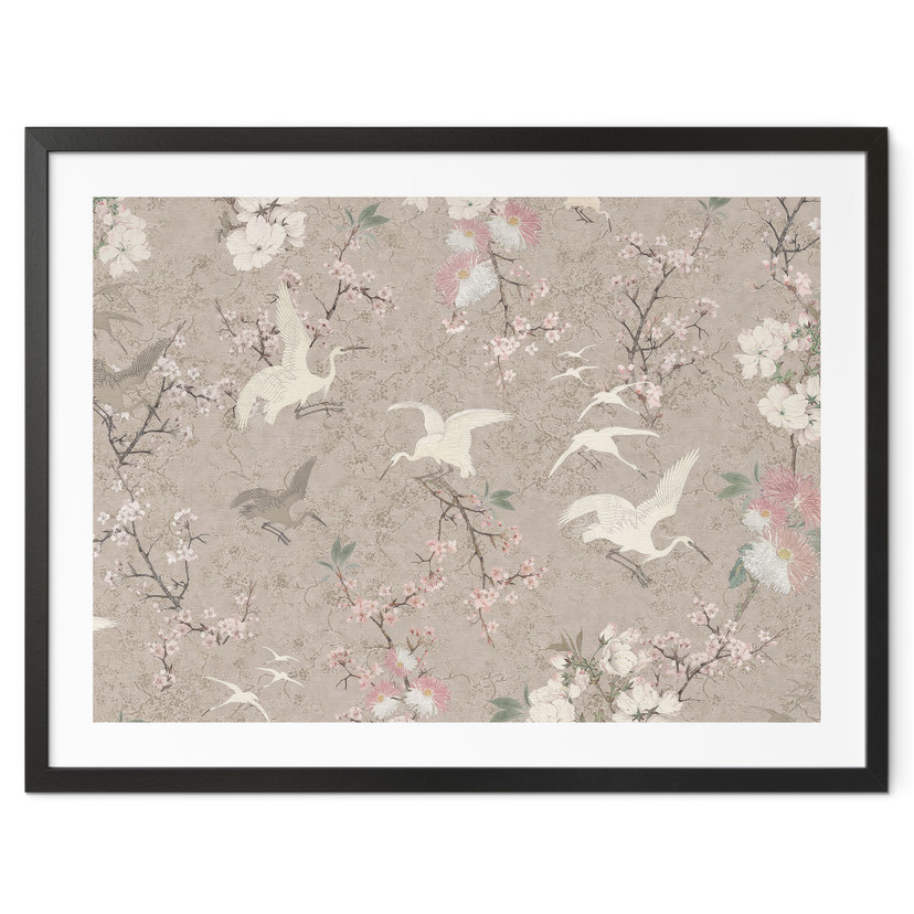 Plakat Bird Cranes w kolorze Cherry Blossom Rush Beige - Bloomery Decor