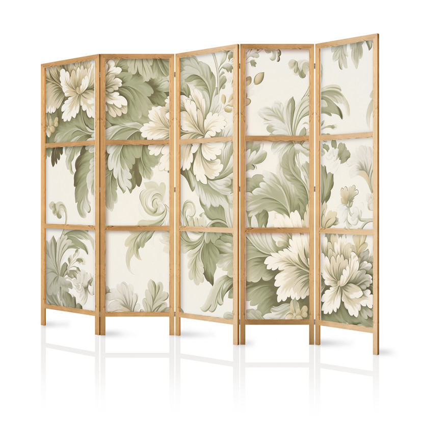 Japanischer Paravent, Raumteiler freistehend, Trennwand - Retro Vintage Flowers in Cream and Green