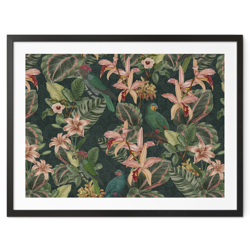 Natur Poster Dschungel mit Papageien Nachtgrün - Bloomery Decor