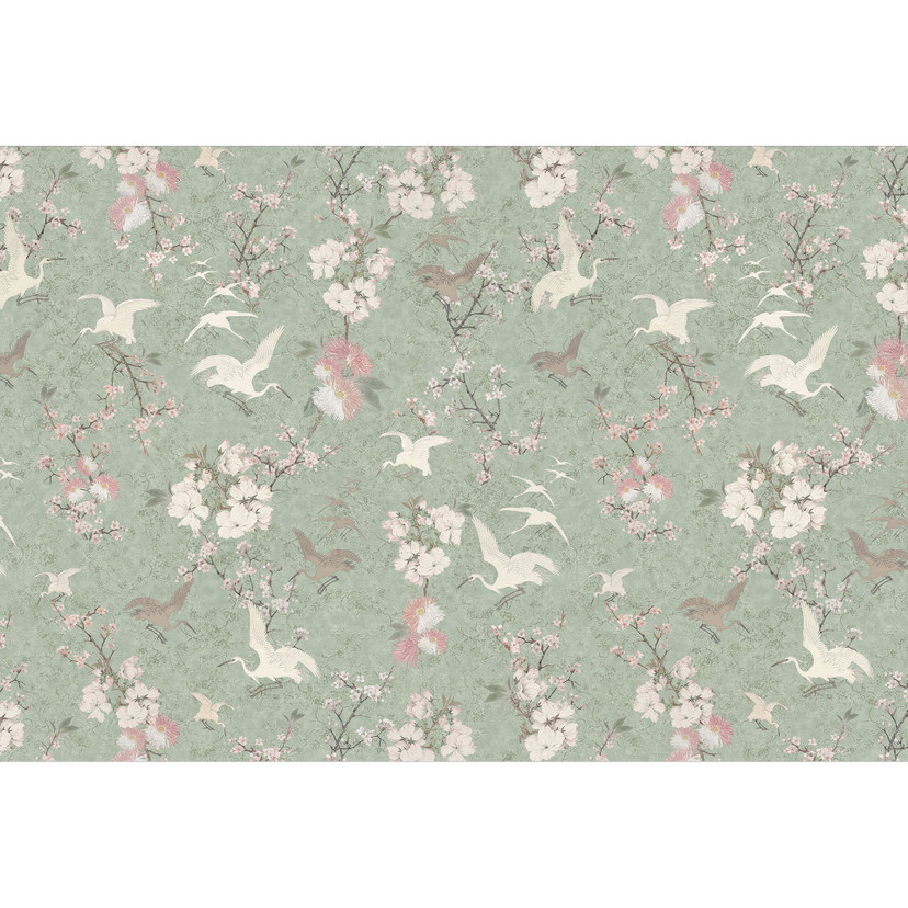 Tapeta z ptakami w stylu azjatyckim - żurawie w zieleni kwitnącej wiśni - Bloomery Decor