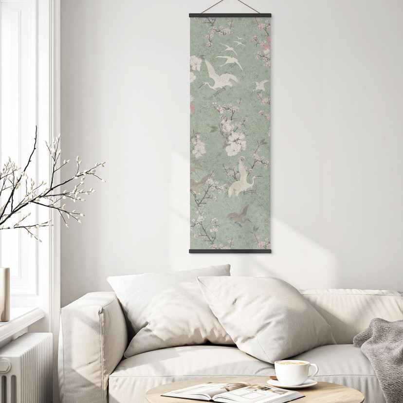 Obraz tkaniny Żurawie w kolorze zielonym - Bloomery Decor - Panorama