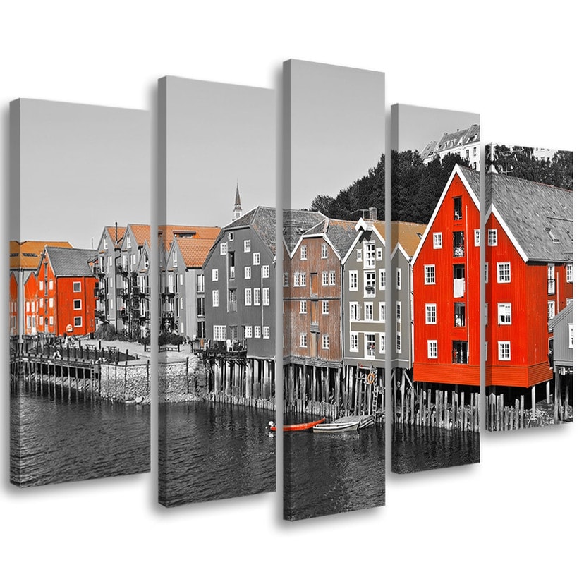 Lærredstryk 5 styk, bygge hav