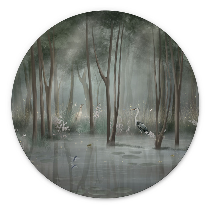 Wanddecoratie nevelwoud aan het meer met reiger in het groen - Ms Tiff - Alu-Dibond Rond