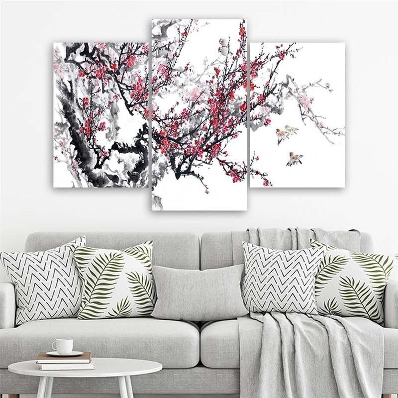 3 stykke lærredsprint, Cherry Blossom Japan Tree