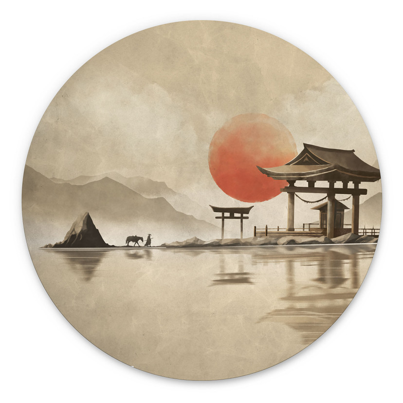 Billede af japansk tempel ved solopgang - Roze - rund – print på aluminium (Alu-Dibond)