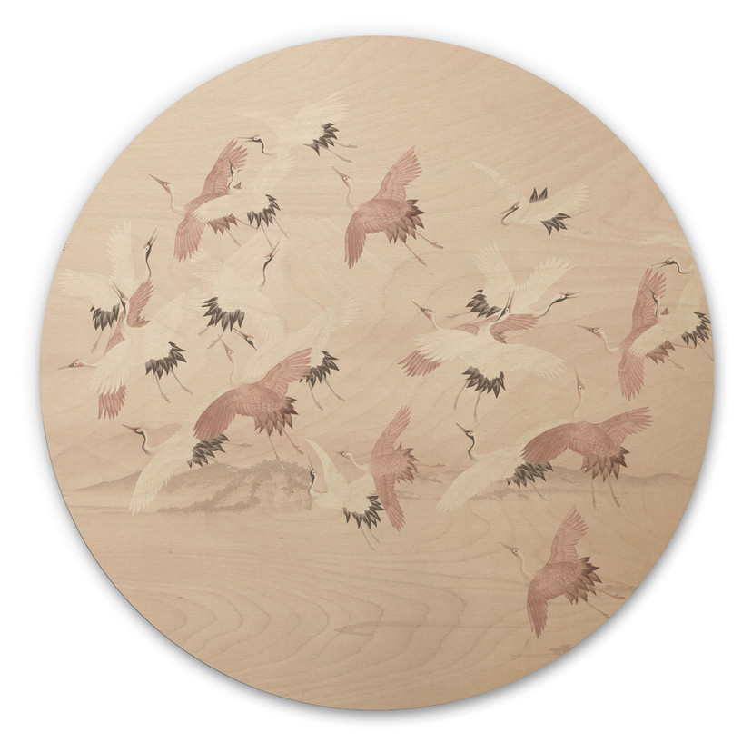 Houten Wanddecoratie Kraanvogels over het meer - Bloemdecor - Rond