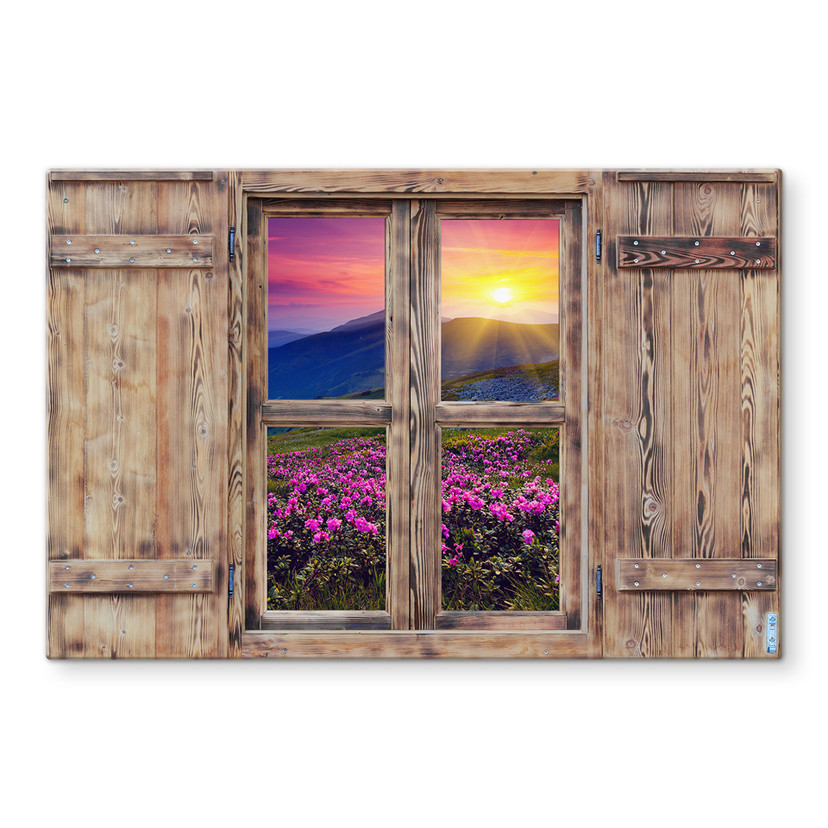 Stænkplade - 3D Trævindue - Solnedgang over bjergene