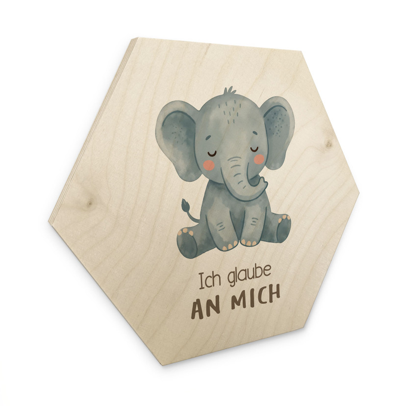 Holzbild Hexagon mit Elefant - Bestärkung 'Ich glaube an mich'