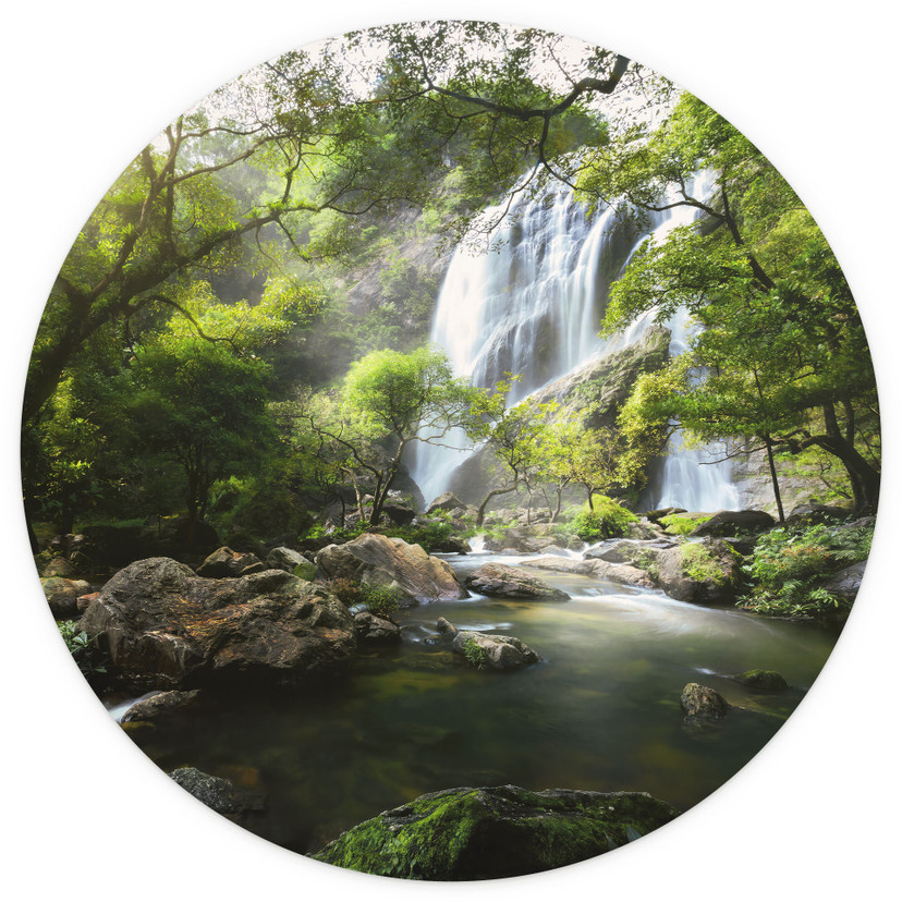 Papier peint photo rond Cascade dans la forêt - papier peint intissé/papier peint intissé autocollan