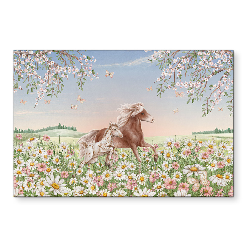 Billede Heste i blomsterengen - Kikki Belle – print på aluminium (Alu-Dibond)