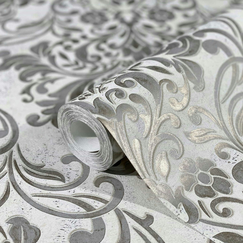 Non-woven tapet med dekorative damaskmotiver grå ornamental